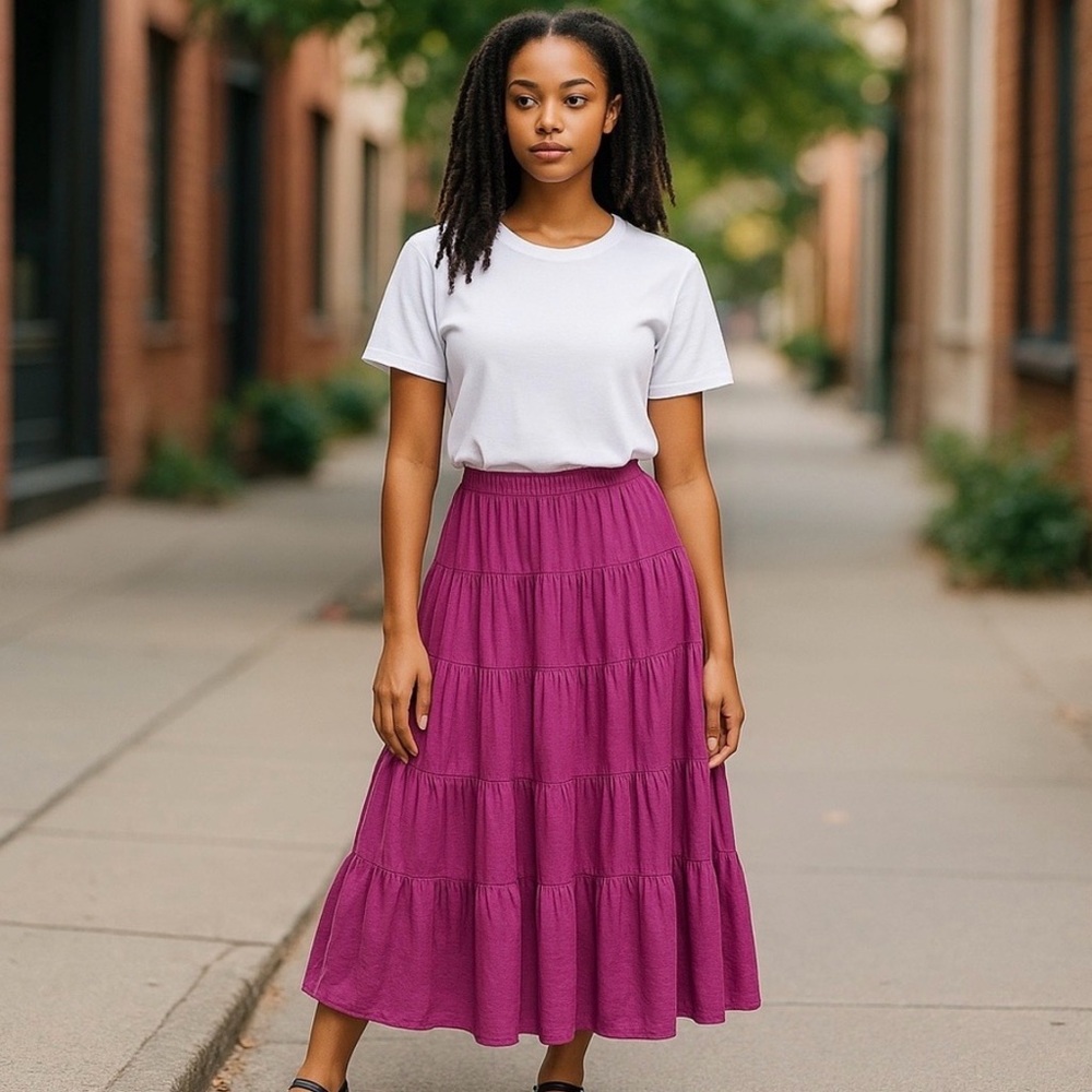 Vintage Fuchsia Color me Cotton orchid pink tiered boho Maxi Skirt, Large - Picture 3 of 6